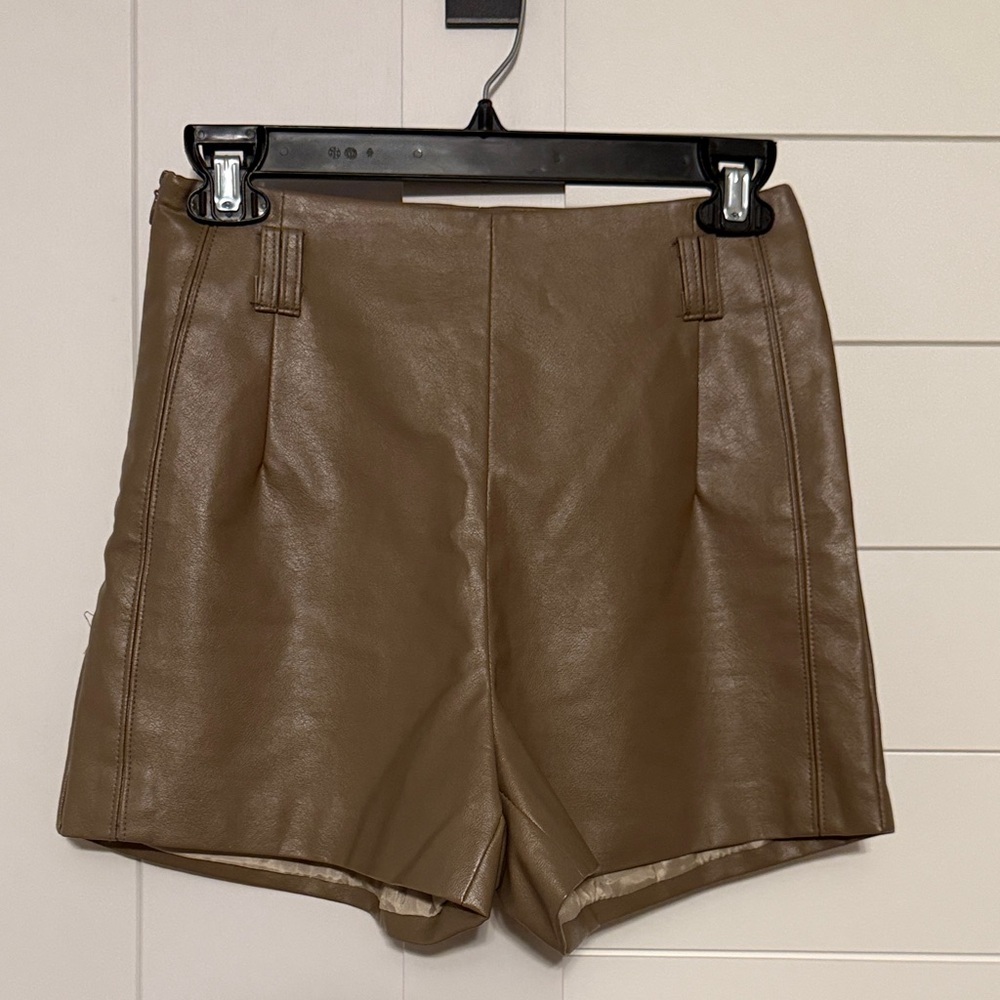 High Waist Tan Leather Women's Shorts